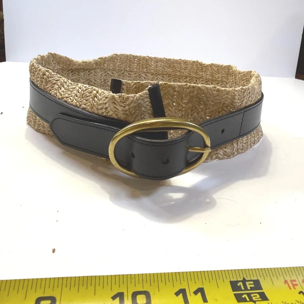 Unbranded Wide Woven Straw Raffia Leather Waist Belt Black Tan Brass Buckle 3in